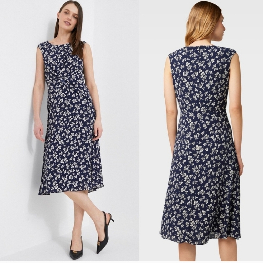 NEW RALPH LAUREN Twist Front Crepe Dress A-Line Leaf-Print Lined Navy Size 16